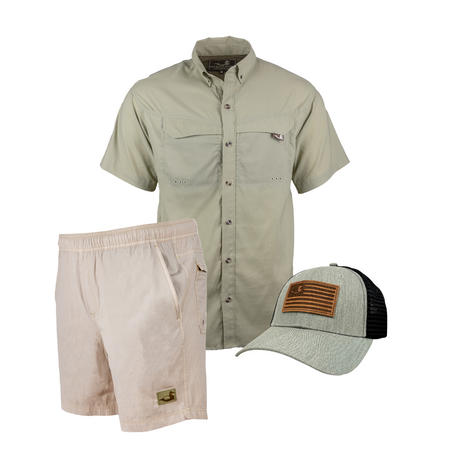Drifter Sport Shirt (Khaki)/Tidal Shorts (Smoke)/Flag Patch Hat Bundle